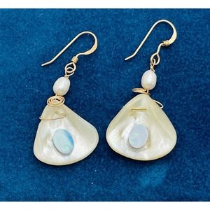 Handcrafted Earrings Mother of Pearl Shell Yellow 14K GF Wire Pearl Faux Opal